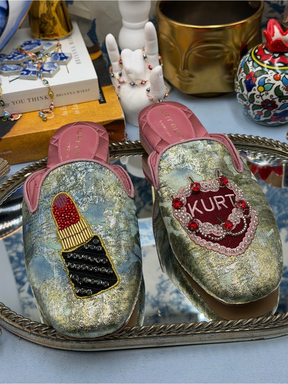 🆕 KURT GEIGER LONDON 🧿 NWOB Pink Embroidered Slipper Shoes - Sz 37 US 7 - Picture 14 of 16
